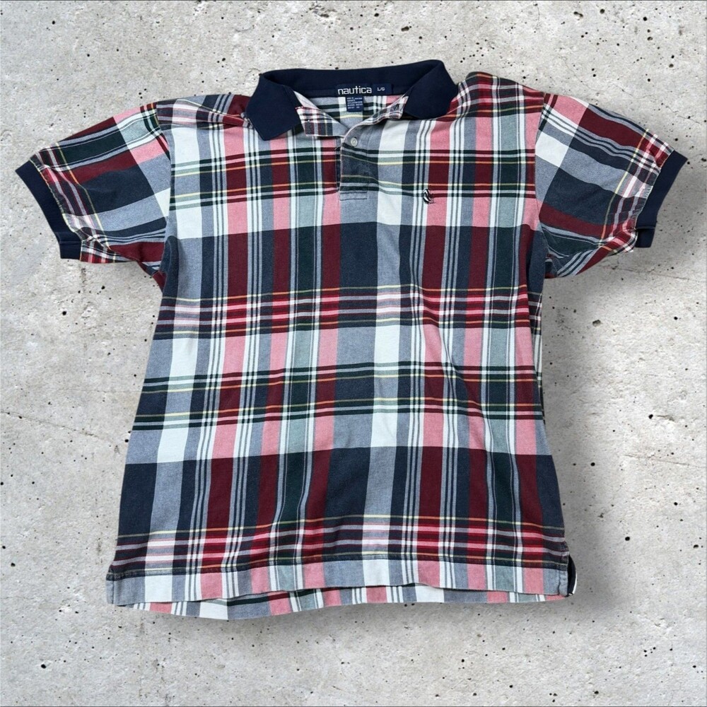 Vintage 90s Nautica Plaid Polo Shirt L 1999 Red Blue Y2K Streetwear Retro Mens